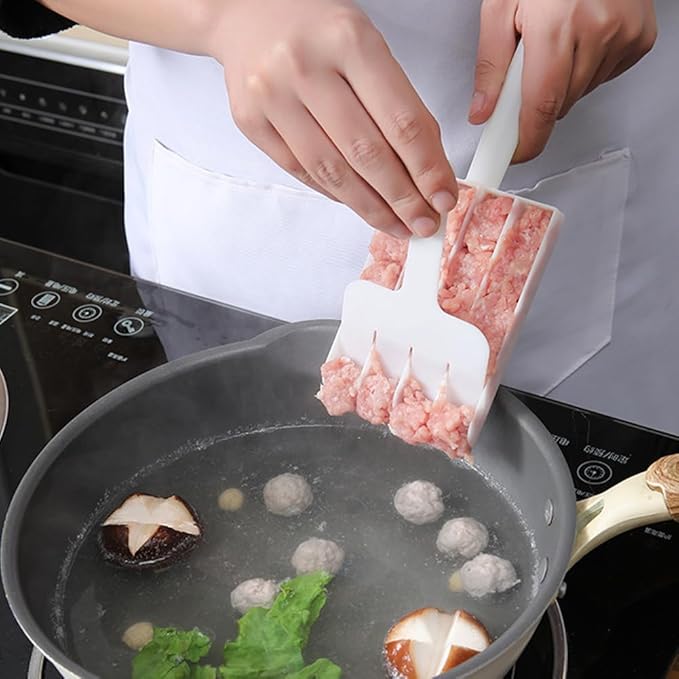 DIY Meatball Making Set, Creative Kitchen Triple Meatball Maker, Meat Baller Spoon with Cutting Spade, Home Cooking Tools, for Cooping Cookie Dough or Sorbet Rice Balls, 2 pcs